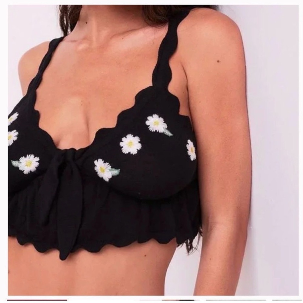 For Love And Lemons Black Daisy Embroidered Crop Top